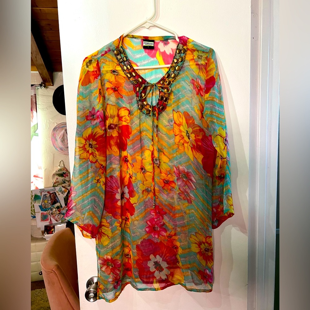 Beachy Floral cover up! Add a hat and flops! Cut Just above the knee.